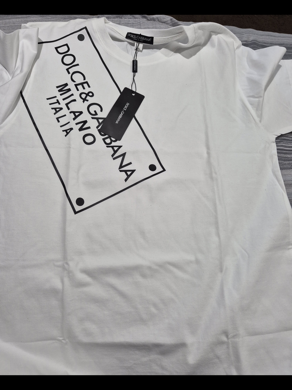 Dolce & Gabbana White Tee with Black Diagonal Logo Plaque - Picture 5 of 7